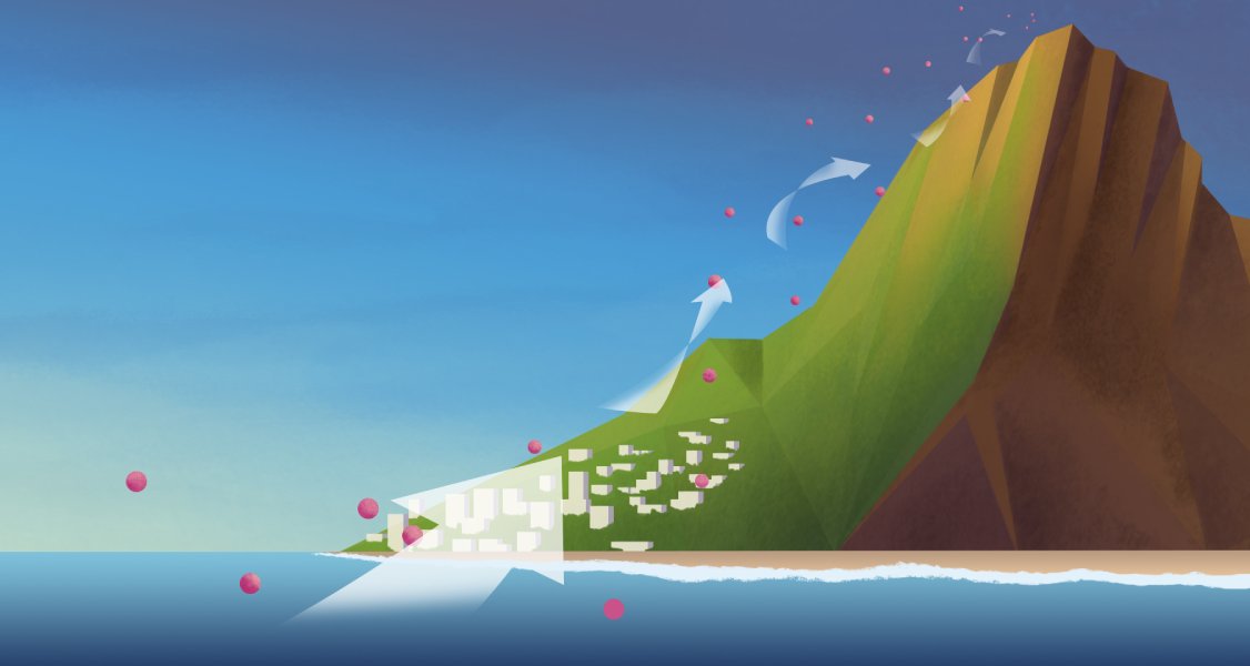 Illustration of a pixelated green mountain cliff deconstructing into a digital grid, with red dots floating over a tranquil sea and flying white birds.