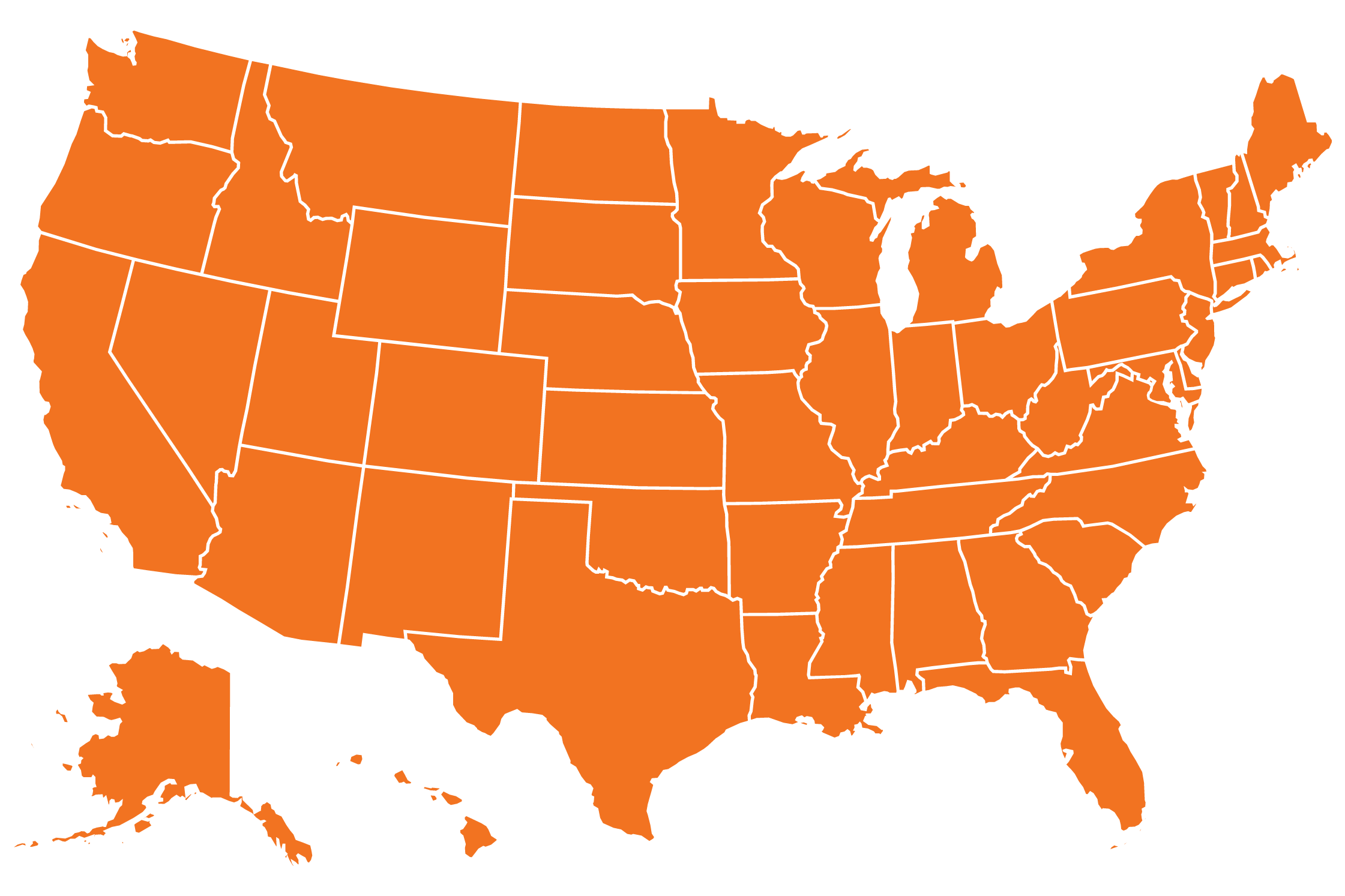 Orange map of the united states showing all states with borders without labels on a transparent background.