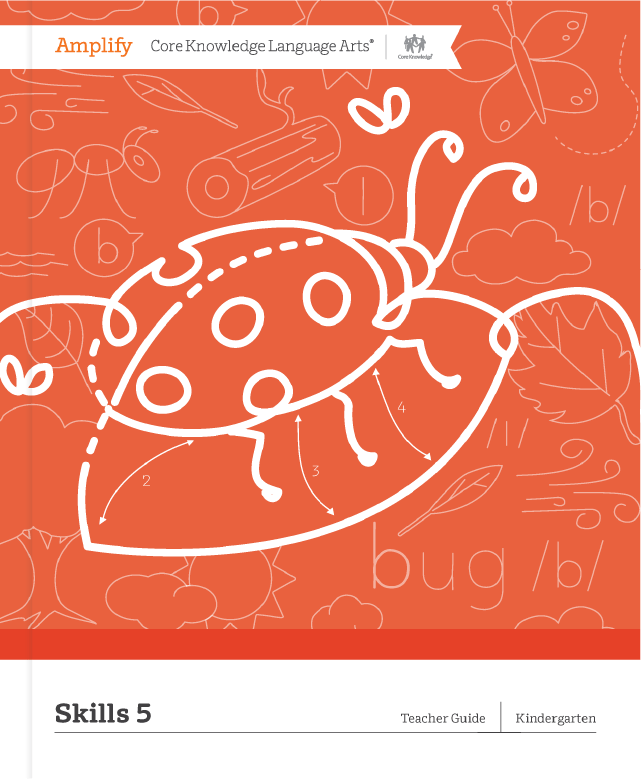 Illustration of a red ladybug on an orange background with educational symbols and text for an online language arts curriculum guide for kindergarten teachers.