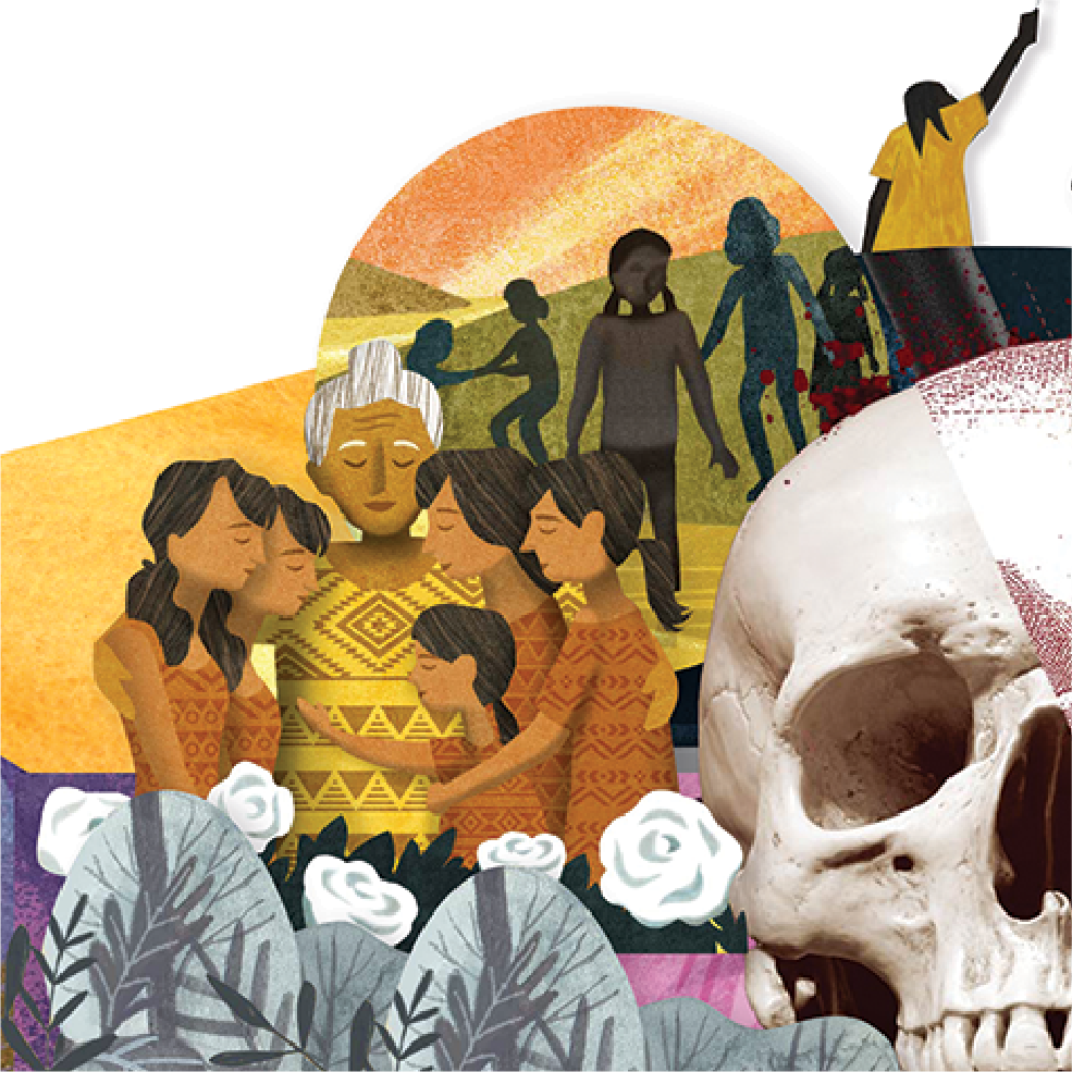 Illustration depicting various stages of human evolution and culture, from ancient ancestors to modern humans, accentuated with a prominent skull in the foreground and themes relevant to the English Language Arts curriculum.