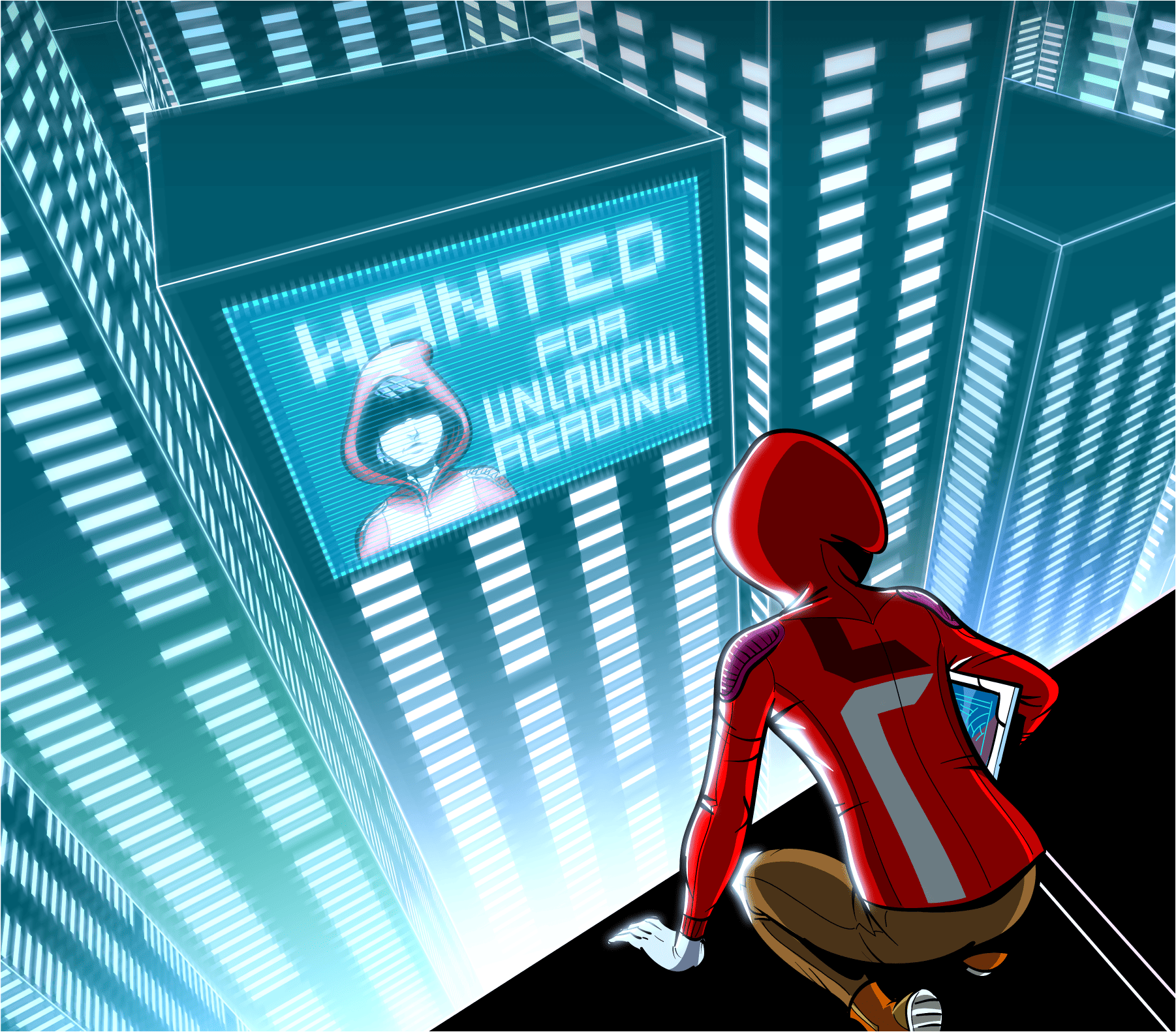 A person in a red hooded outfit sits near skyscrapers at night, looking at a digital billboard displaying a 