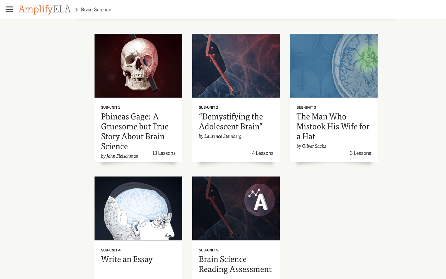 Educational website thumbnails for ſֱ ELA: details human brain science topics and lessons with illustrations, including a famous case of Phineas Gage.