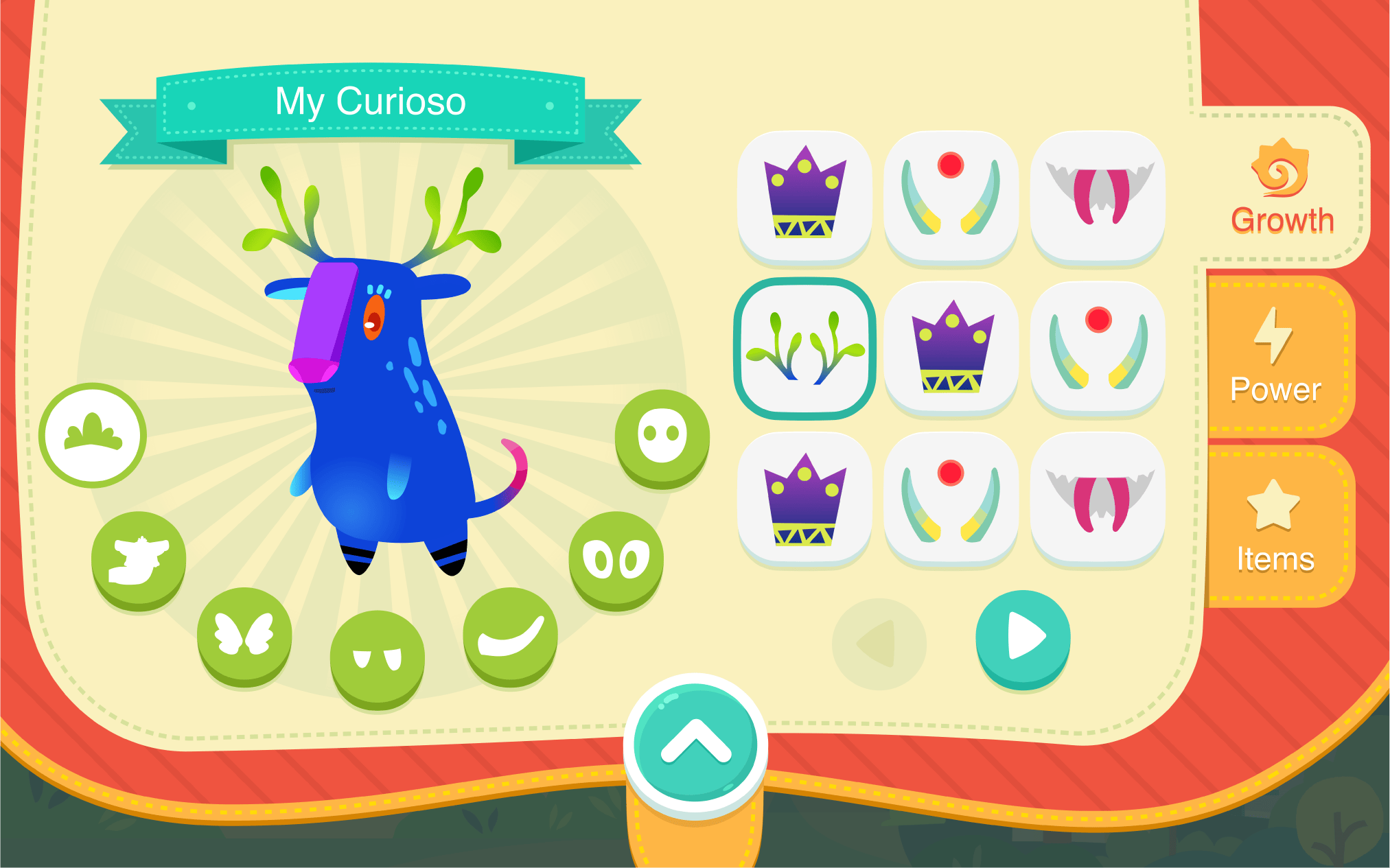 Colorful game interface showing a blue creature with antlers, named 