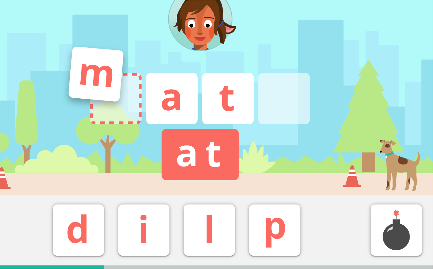 Illustration of a learning game interface featuring the word 