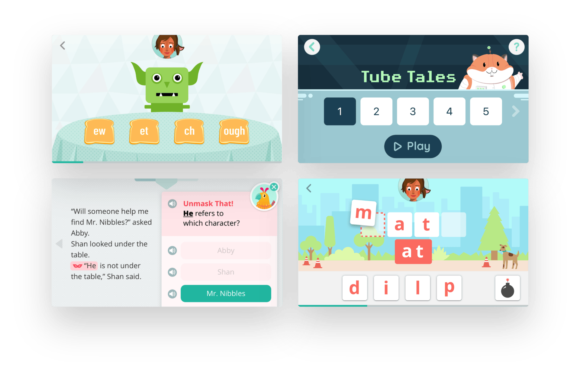 Educational app screens featuring phonics and reading games with animated characters and interactive spelling exercises for children.