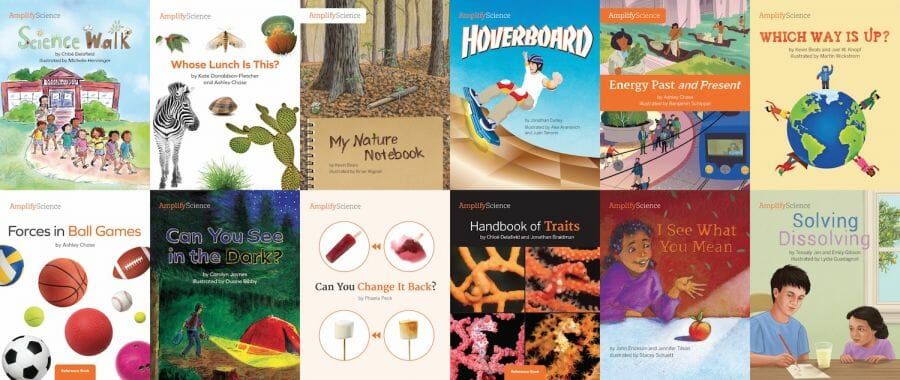 A collage of various educational book covers related to science and math, featuring illustrated themes like sports, nature, and energy.