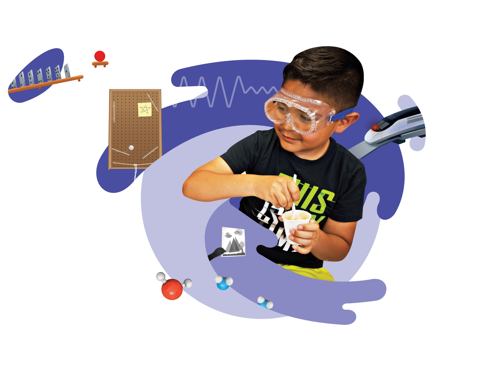 A young boy in safety goggles conducting a science experiment with a beaker, surrounded by illustrated science and math symbols.