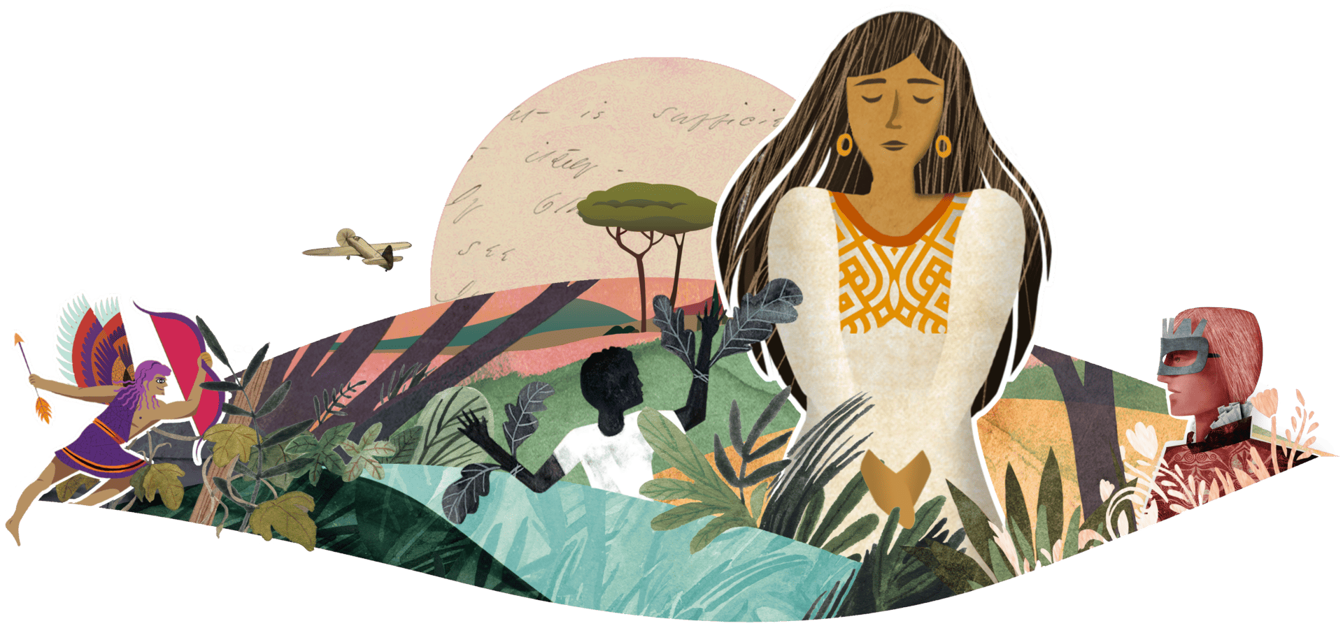 Illustration of diverse cultural representations with ancient and modern figures, including a native american woman and african masks, set against a backdrop of nature and historical script.