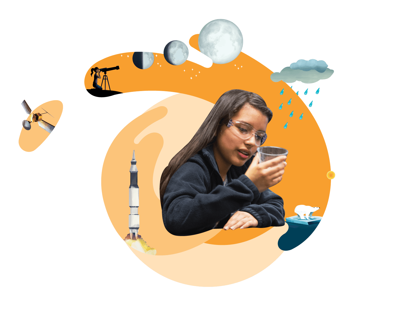 A woman in glasses examining a glass of water, surrounded by illustrations of scientific icons like satellites, a rocket, a telescope, moons, and clouds on an abstract orange and black background.