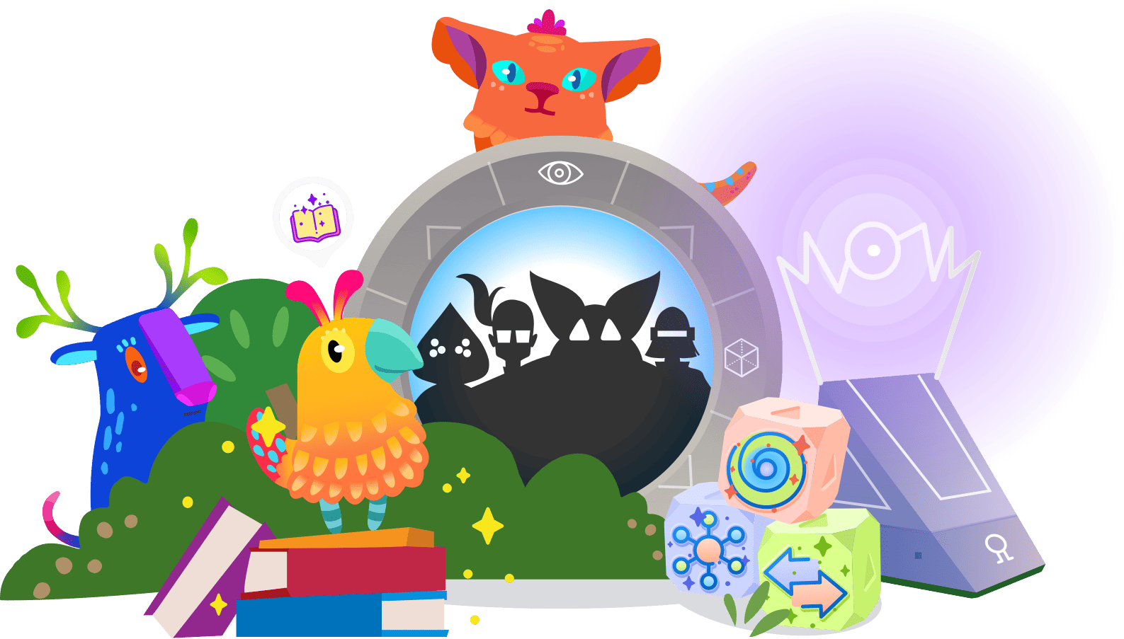 Colorful illustration of whimsical creatures around a crystal ball displaying a futuristic city, accompanied by books and geometric shapes.