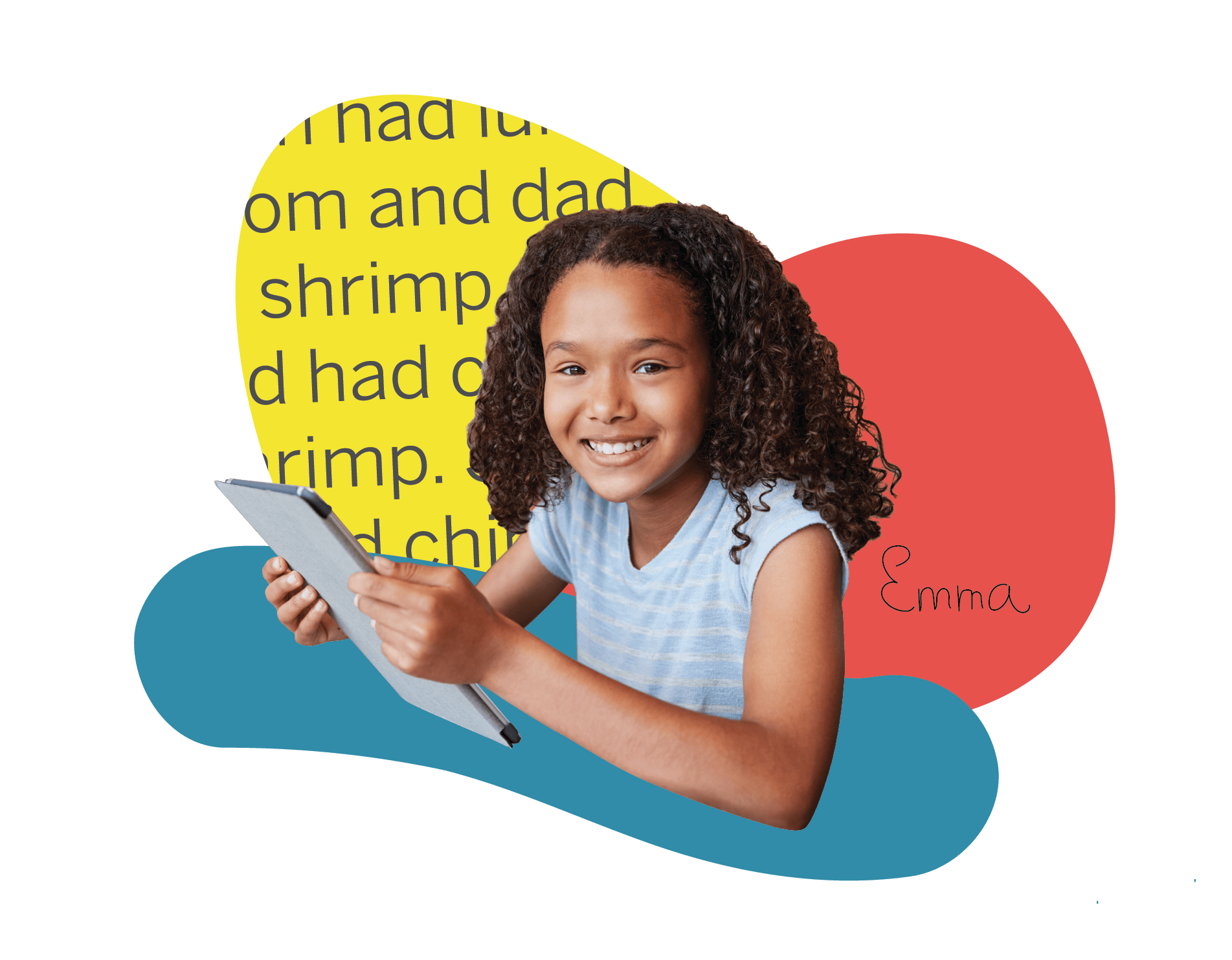 A young girl with curly hair smiles while holding a stylus and a digital tablet, sitting in front of colorful abstract shapes.