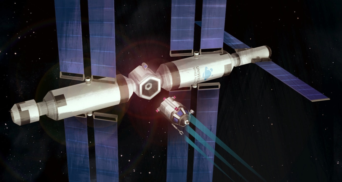 Illustration of a futuristic space station with large solar panels, orbiting in deep space, emitting a blue glow from its propulsion system.
