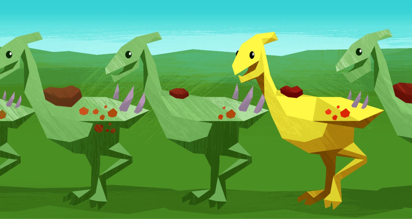 Cartoon image of a yellow dinosaur among green dinosaurs, all with meat and vegetables on their backs, standing in a grassy landscape.