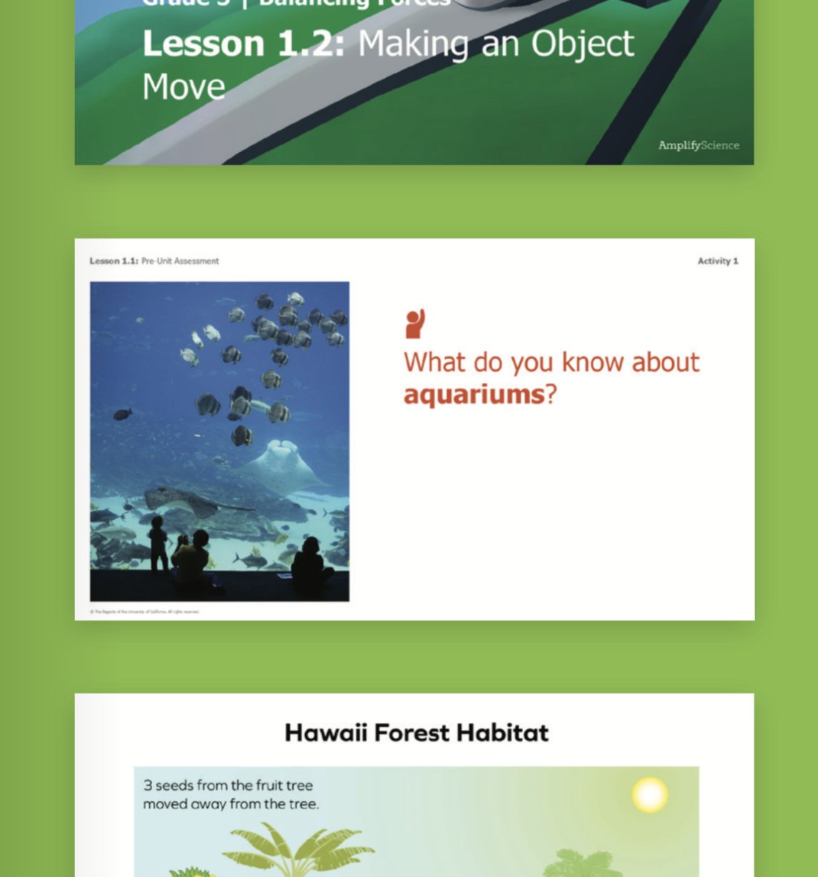 Educational material for grade 1, featuring a section about aquariums with an image of children observing jellyfish, and an introduction to forest habitats.