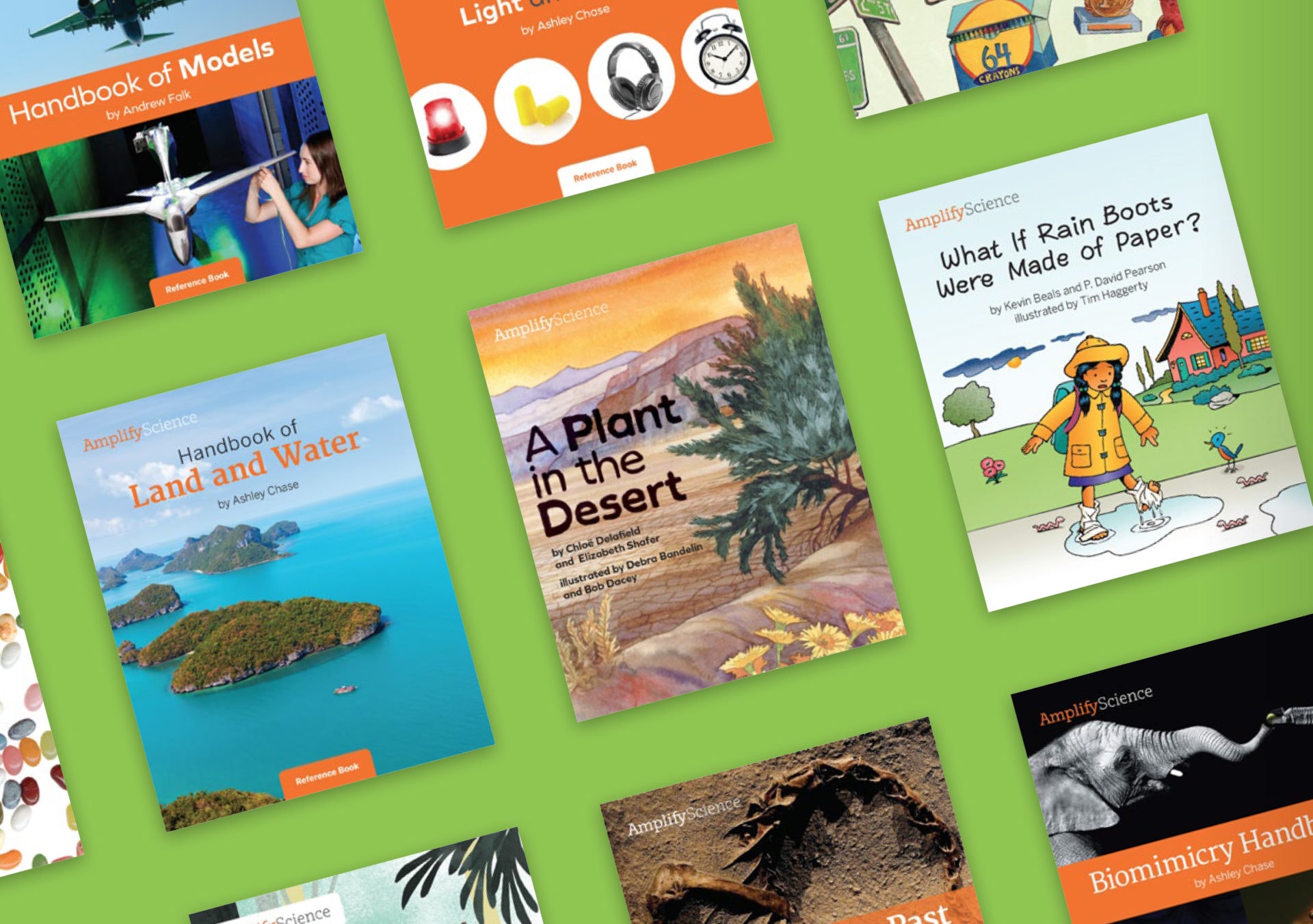 A collection of colorful educational book covers on science topics, displayed in a scattered arrangement on a green background.
