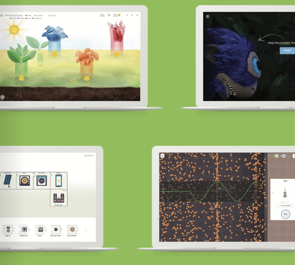 Four laptop screens displaying various images: animated flowers and monsters, a web design template, and a scientific data visualization chart.
