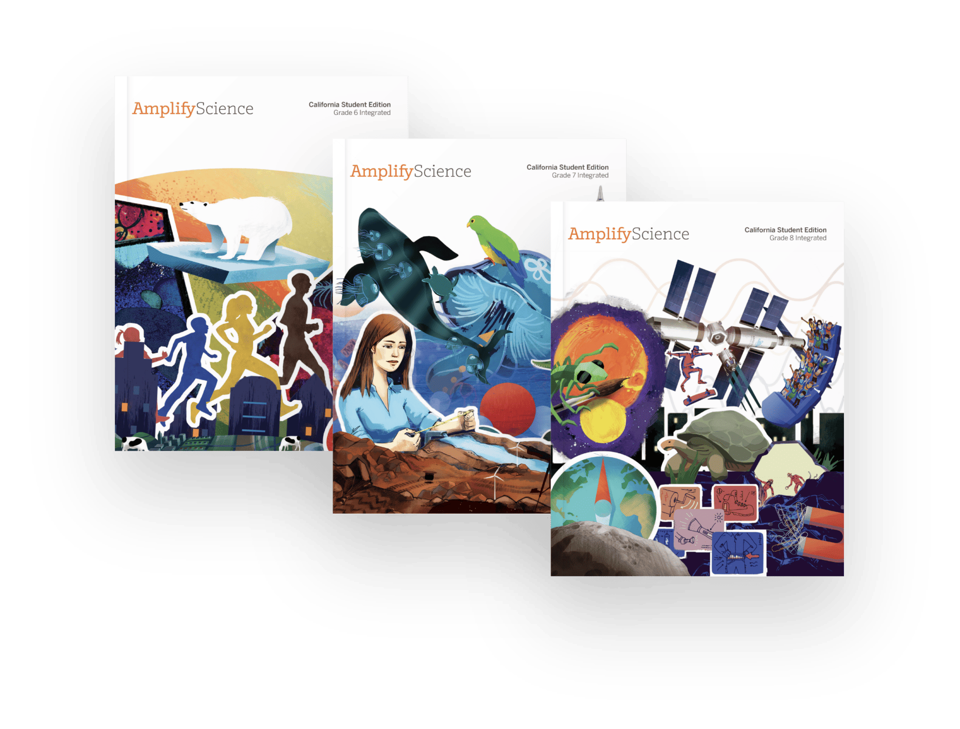 Three amplify science textbook covers featuring vibrant, abstract illustrations with themes of technology, nature, and human interaction.