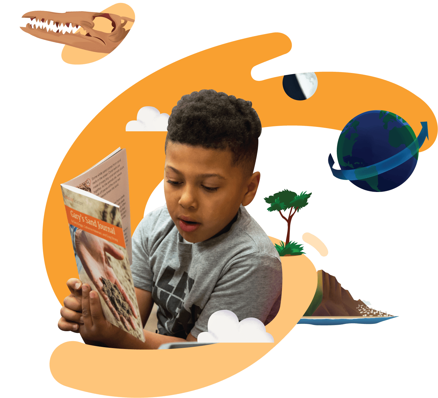 Young boy reading a book intently with illustrated elements like a dinosaur, trees, and a globe surrounding him, on a peach background.