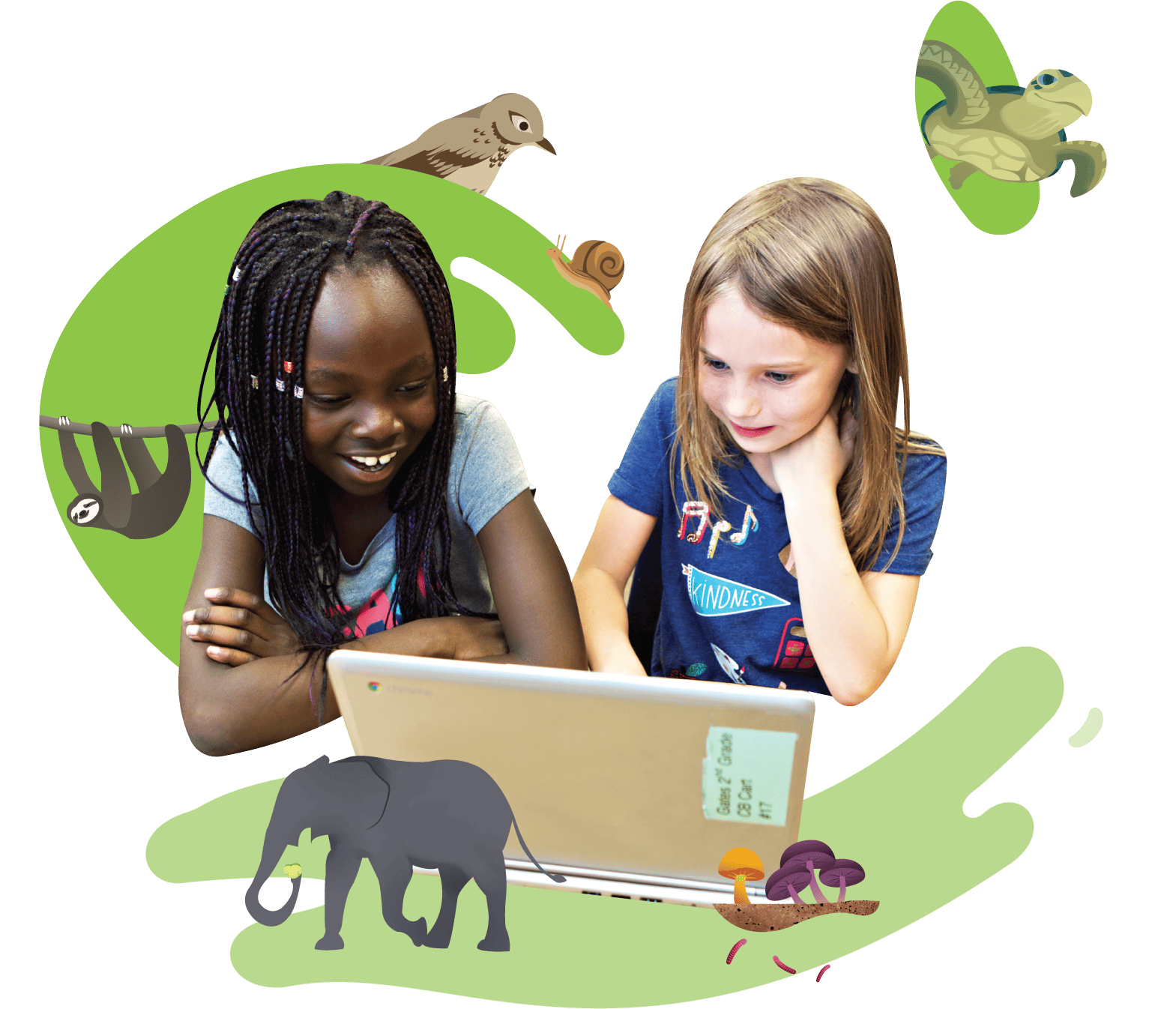 Two girls, one black with braids and one white with blonde hair, happily look at a tablet, surrounded by illustrated animals on a green abstract background.