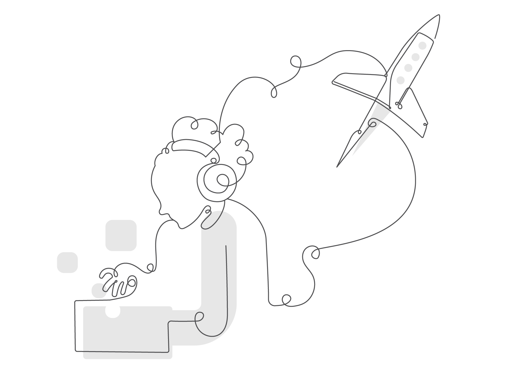 Line drawing of a person using a laptop, with headphones and a line illustration of a rocket launching above their head, symbolizing creativity or inspiration in Boost Reading.