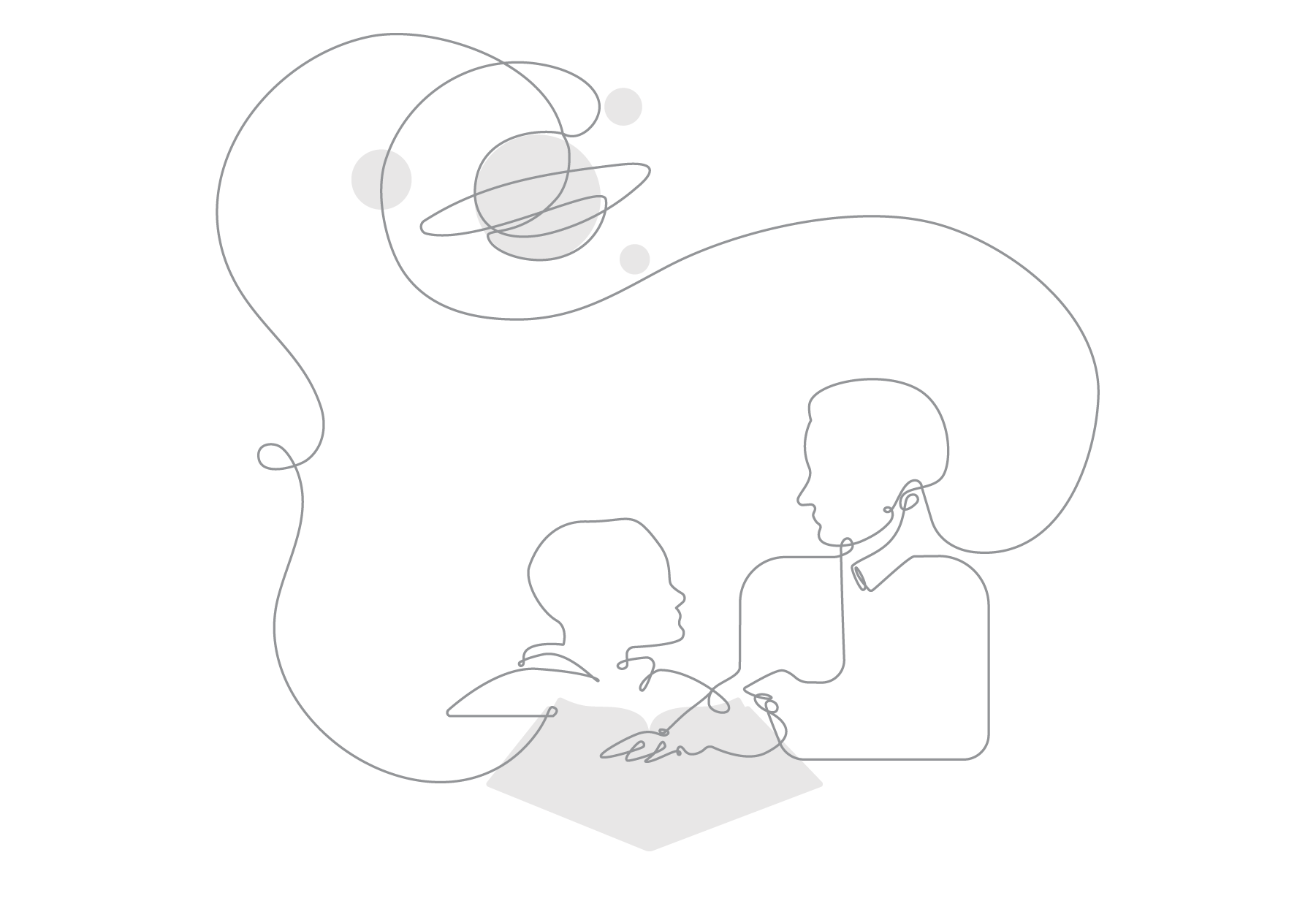 Two stylized, faceless figures seated at a table, engaging in conversation with abstract, flowing lines and circles above them suggesting communication or ideas related to gold standard research.