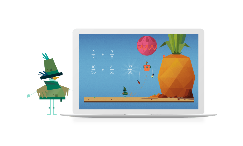 Laptop screen displaying a colorful graphic of a bird and a pineapple in a desert setting with numbers and a hot air balloon.