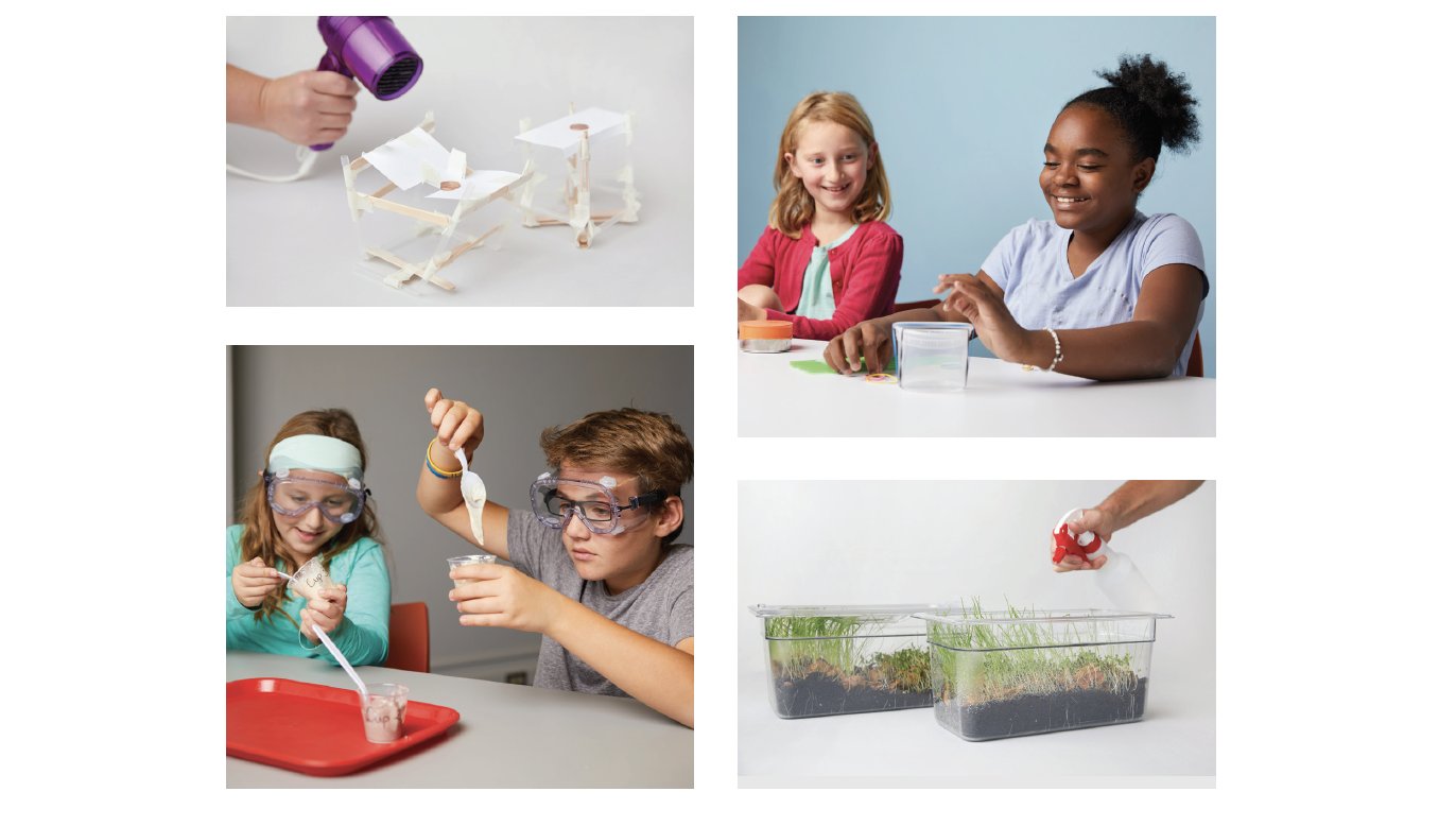 Collage of four educational activities: 1) drying a paper model with a hairdryer, 2) two girls observing a science experiment, 3) children making a mixture, 4) adult hand watering a plant in a clear container.
