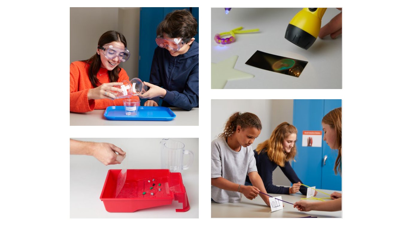 Collage of four images showing children engaged in educational activities such as conducting experiments and crafting in a classroom setting.