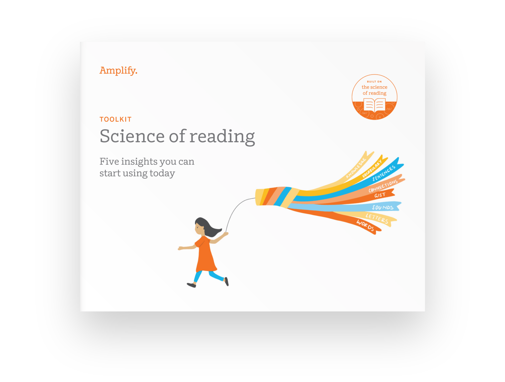 Illustration of a person holding a book with colorful ribbons flowing out, symbolizing streams of knowledge, alongside text about using science reading insights.
