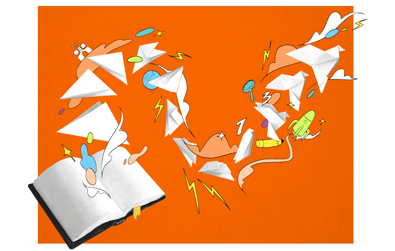 Paper planes and various objects bursting energetically from an open book on an orange background.