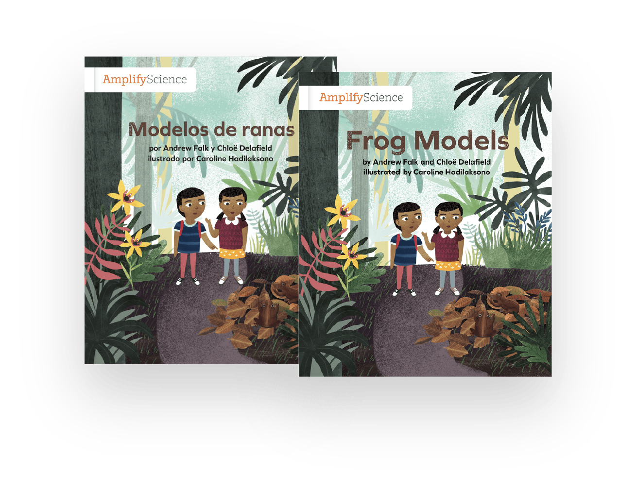 Open children's book displaying a page in spanish and another in english about frog models, with illustrations of children observing frogs in a forest setting.
