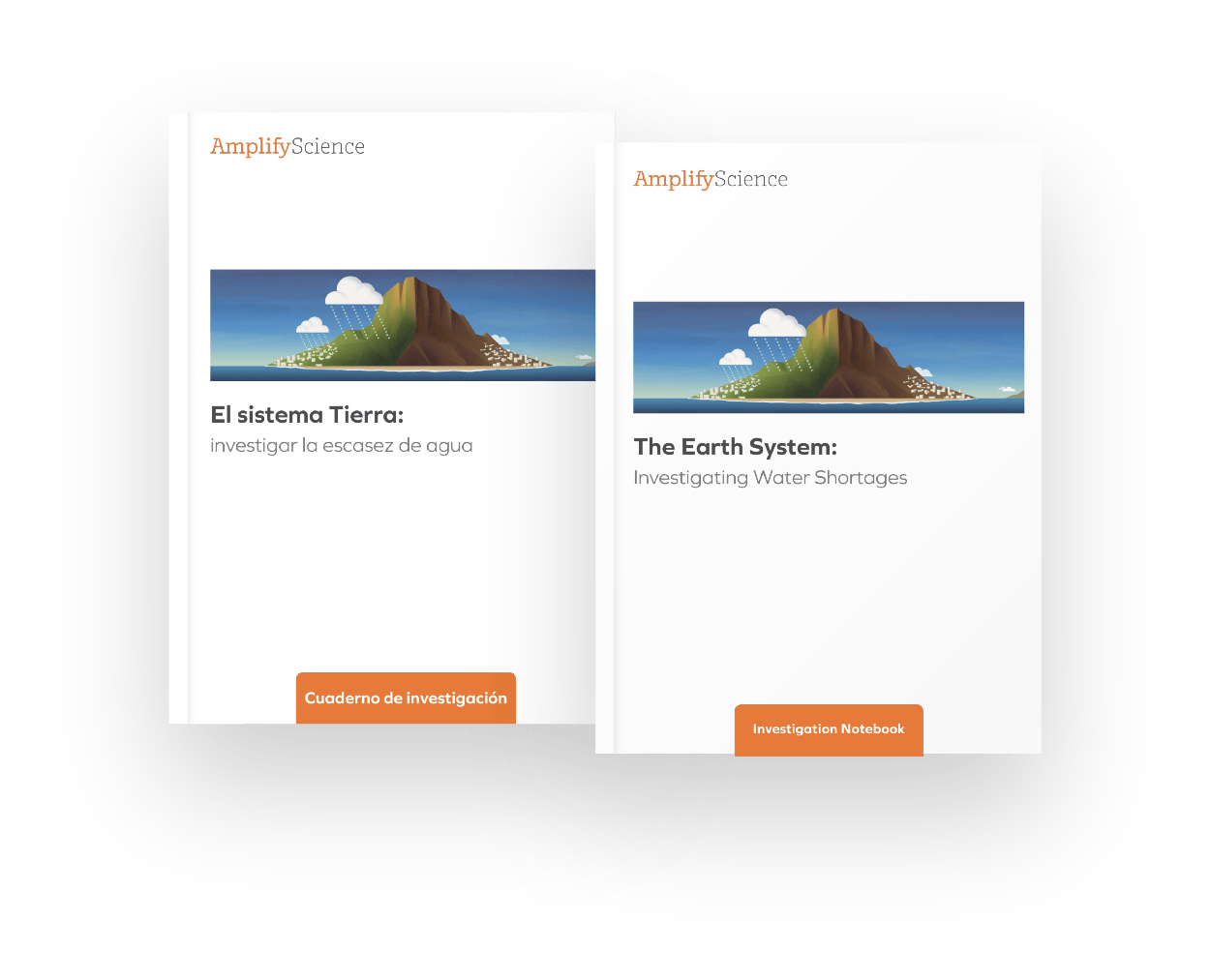 Two science workbooks, one in Spanish and one in English, both titled about changing landforms with an illustration of a cliff near houses, trees, and water.