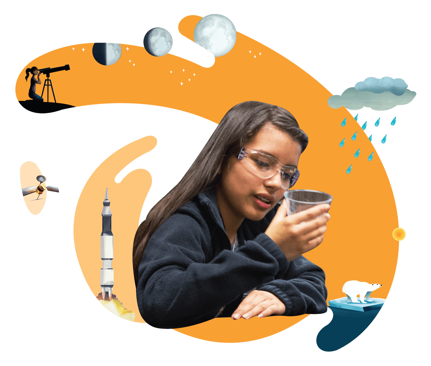 Illustration of a woman in glasses examining a glass beaker, surrounded by scientific and space-themed graphics including a rocket, planets, and a weather cloud.