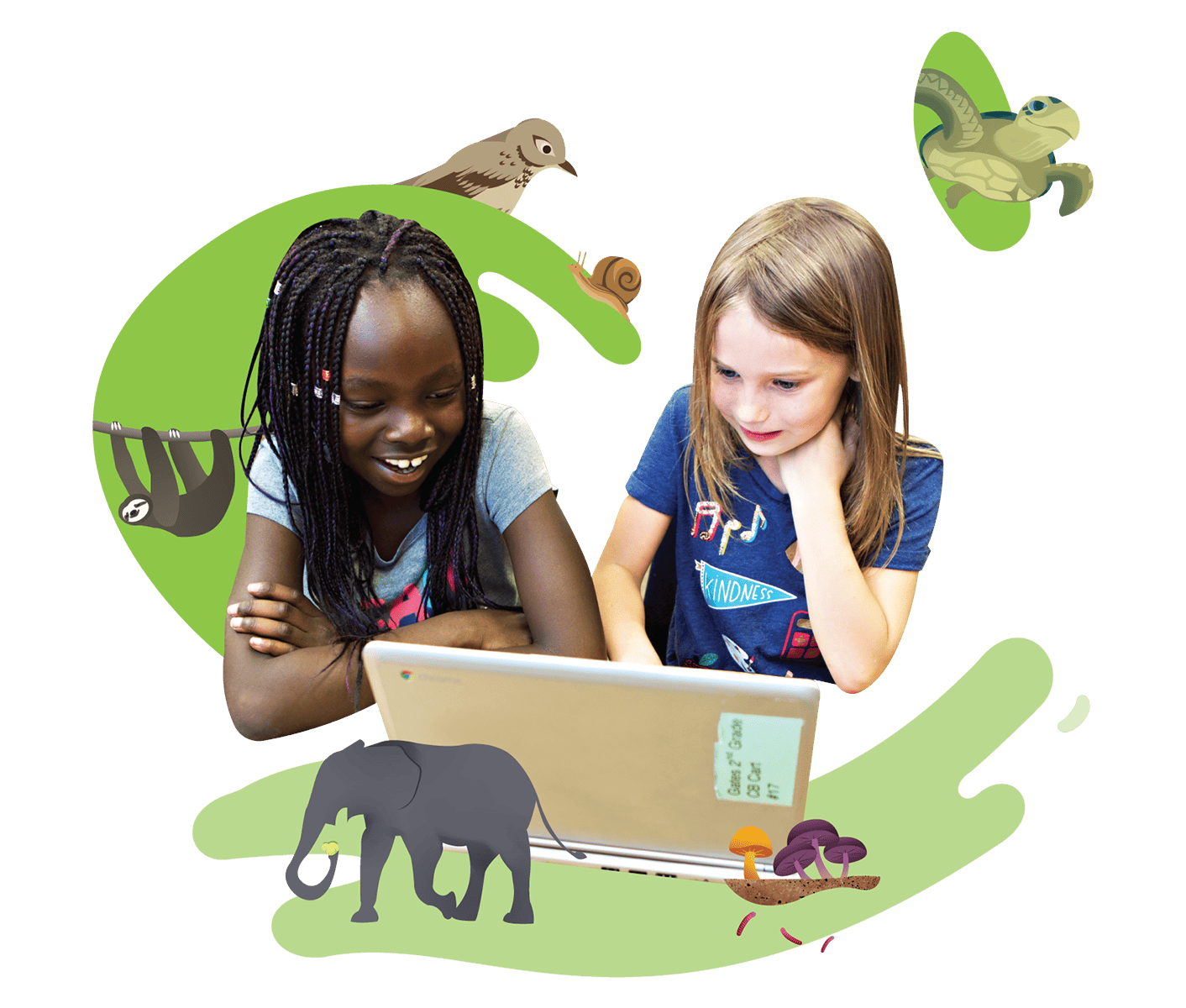 Two young girls, one with braids and one blonde, smiling and looking at a laptop screen together, surrounded by illustrated animals on a green abstract background.