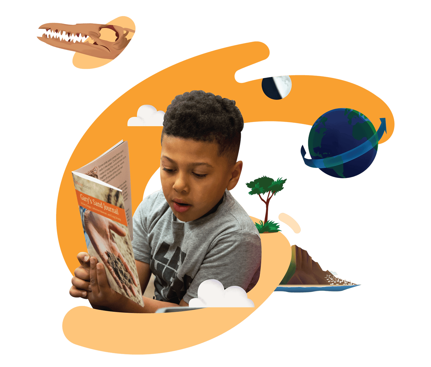 Young boy reading a science book with illustrated elements like a dinosaur skull, clouds, and a globe surrounding him.
