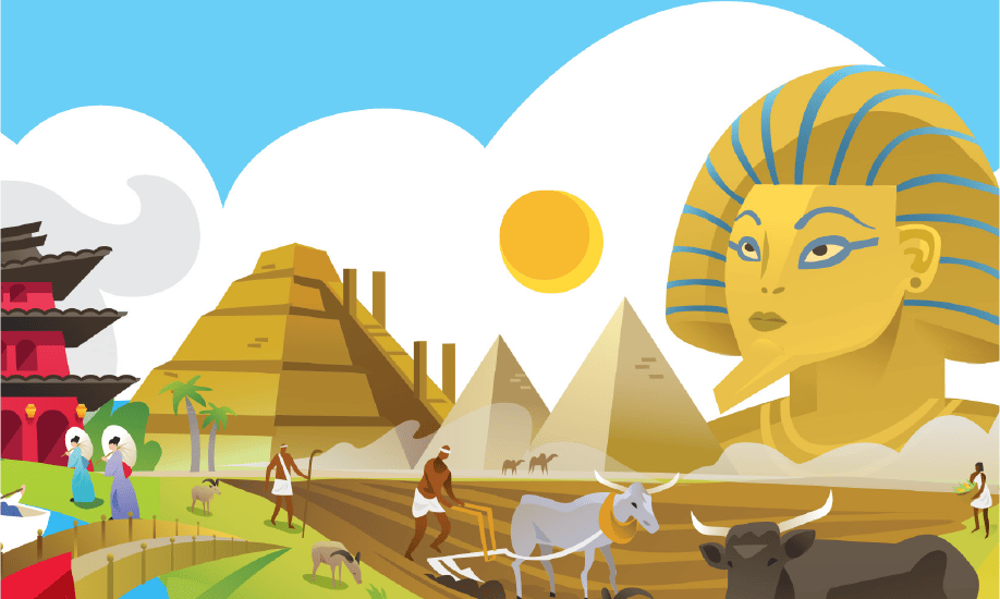Illustration featuring iconic landmarks from around the world, including the pyramids and a sphinx, integrated into a lively, colorful landscape.