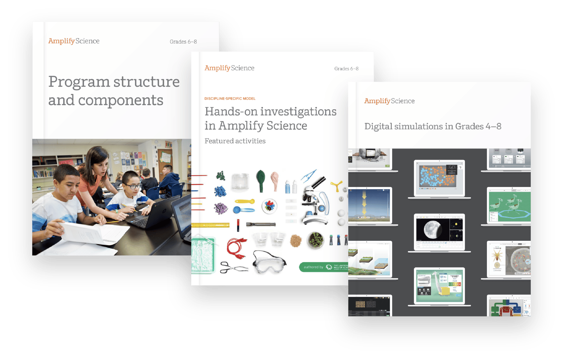 Collage of educational materials from amplify science, including images of students in a classroom, hands-on science tools, and digital simulations for grades 4-8.