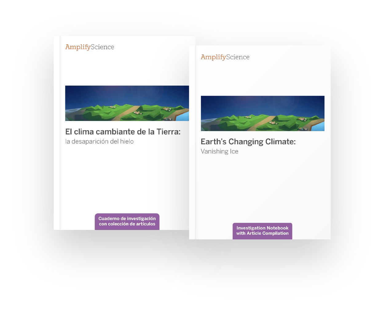Two science workbooks, one in Spanish and one in English, both titled about changing landforms with an illustration of a cliff near houses, trees, and water.
