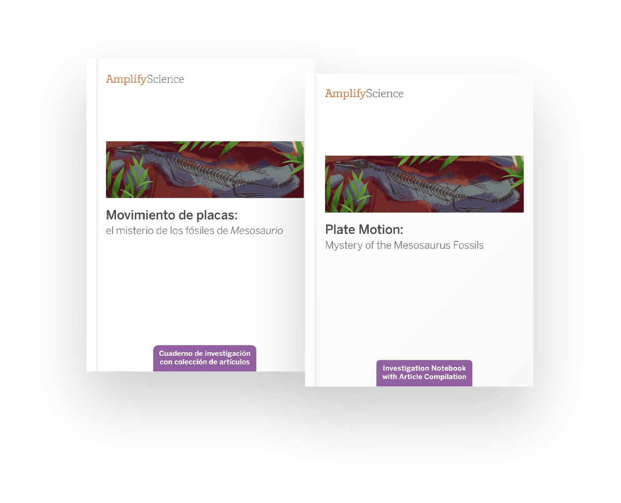 Two science workbooks, one in Spanish and one in English, both titled about changing landforms with an illustration of a cliff near houses, trees, and water.