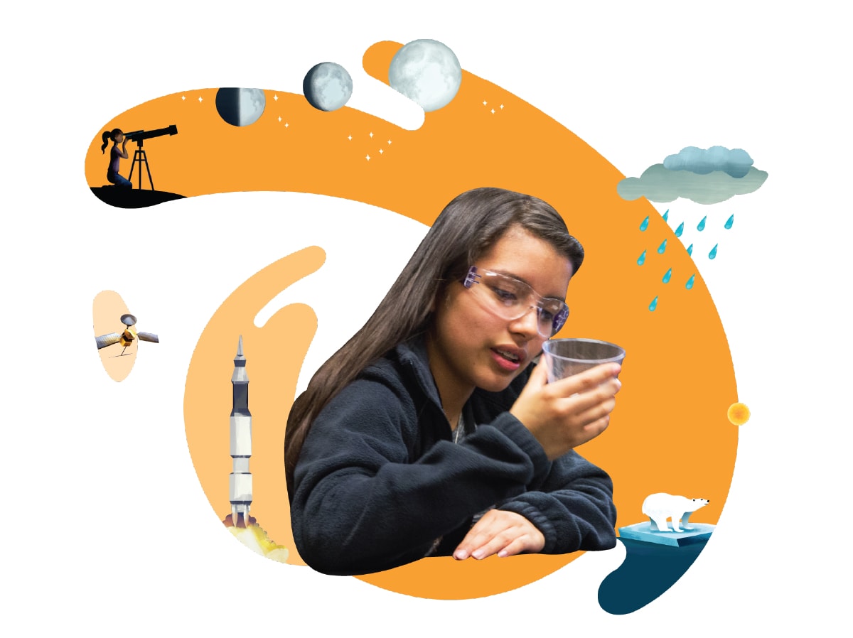 Woman examining a glass of water with scientific icons like a rocket, telescope, and weather symbols around her.