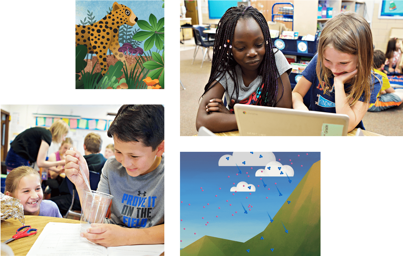 Collage of four images: a colorful illustration of a jungle with animals, two young girls using a computer in a classroom, a boy and girl studying together at a desk, and a digital artwork of a landscape with kites.