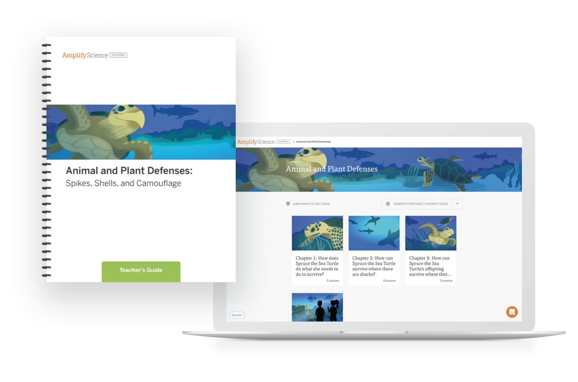 A spiral-bound teacher’s guide titled “Modeling Matter: The Chemistry of Food” is displayed next to a laptop showing related digital content on the screen.