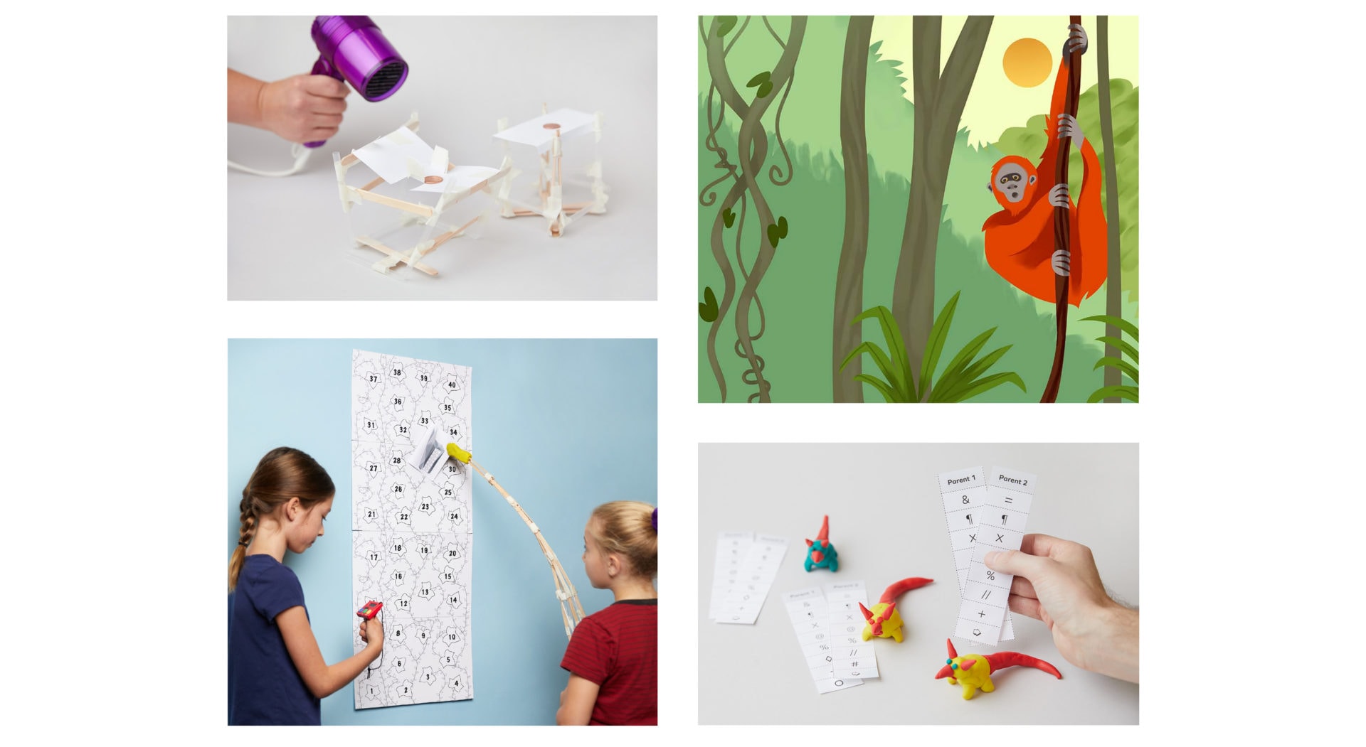 Collage of four images: a person drying a model plane with a hairdryer, an illustration of an orangutan on a vine, two girls playing a wall-mounted game, and hands arranging educational cards with bird figures.