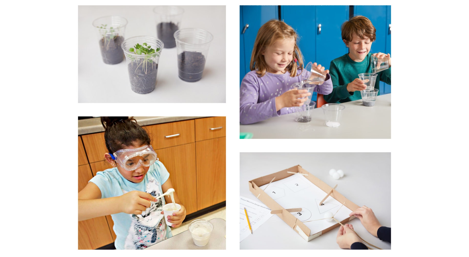 Four images of children engaged in science experiments: growing plants, using liquids, a girl in safety goggles mixing substances, and playing with a physics kit.