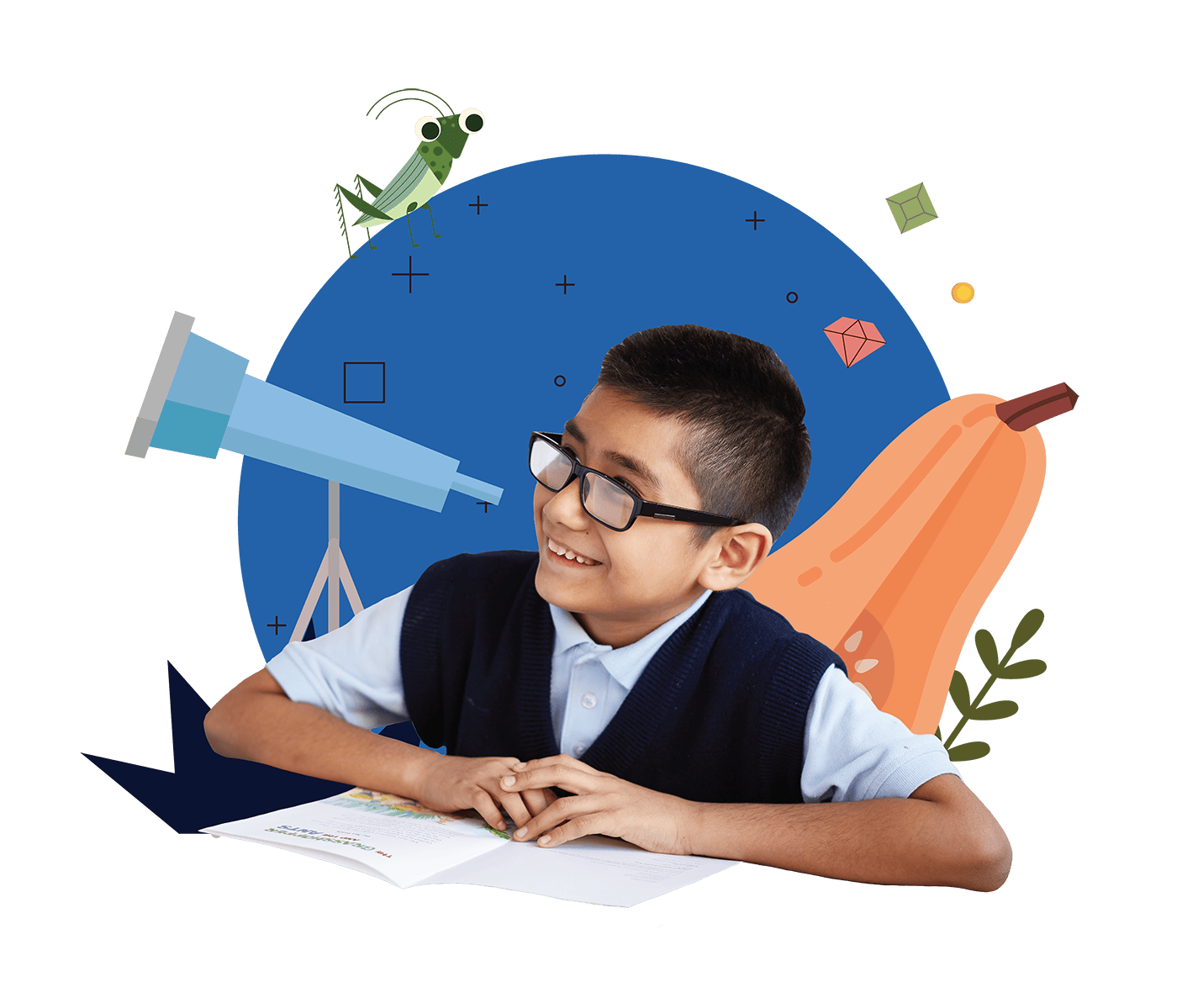 A young boy wearing glasses and a sweater vest smiles while reading a book, with illustrated elements like a telescope and planets surrounding him.