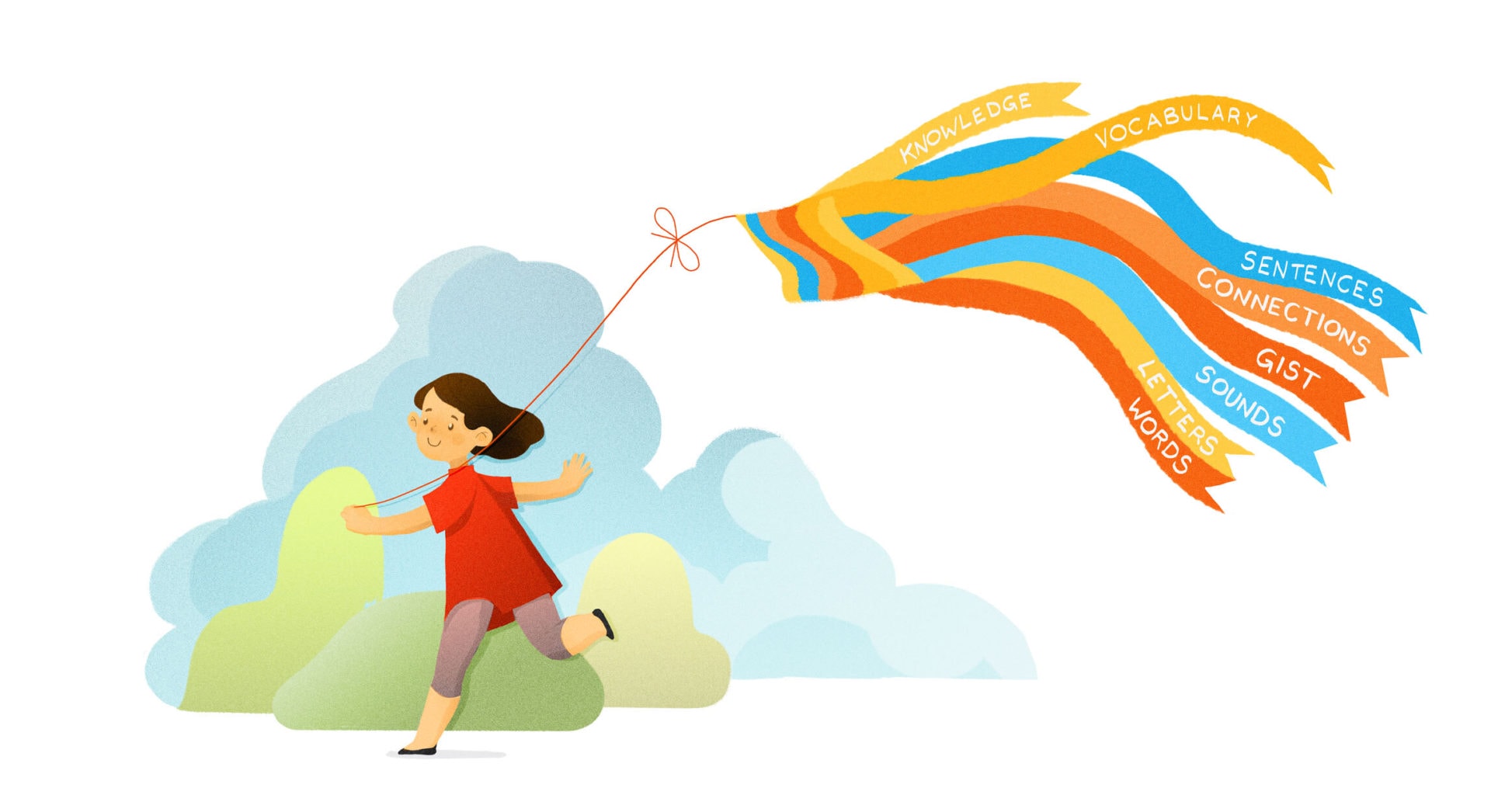 Illustration of a young girl running with a colorful kite trailing words like 