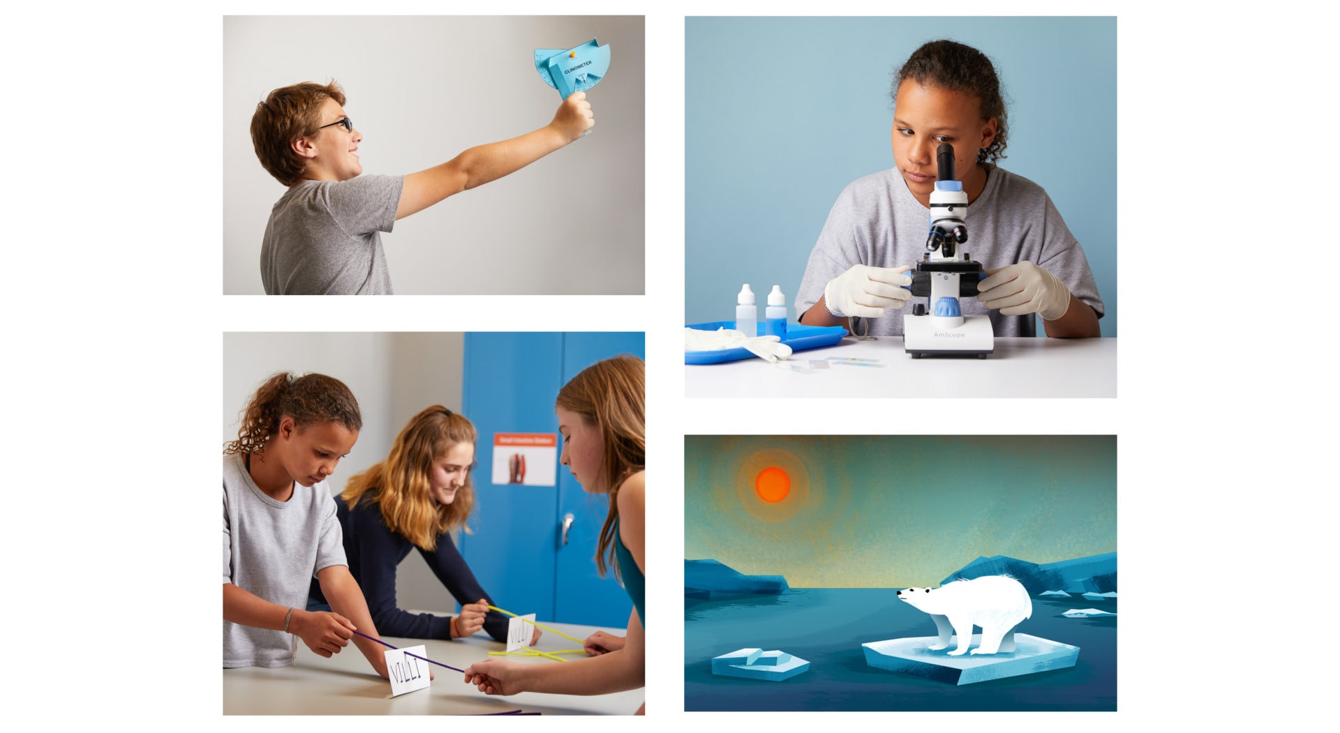 Four images showing children engaging in educational activities: a boy with a paper airplane, a girl using a microscope, girls working on a project together, and an illustration of a polar bear on ice.