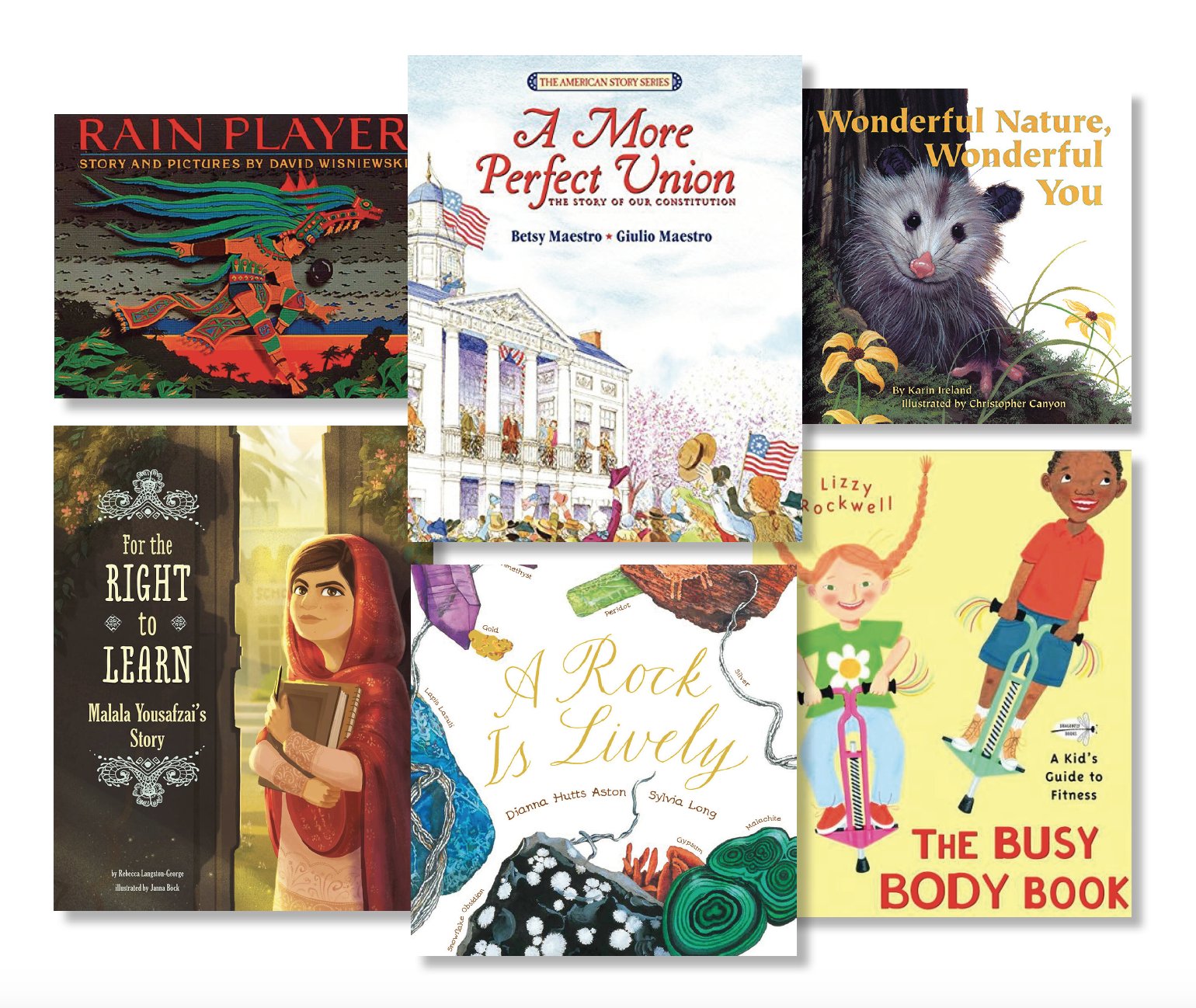 A collage of six diverse children's book covers featuring themes of nature, science, history, and biographies.