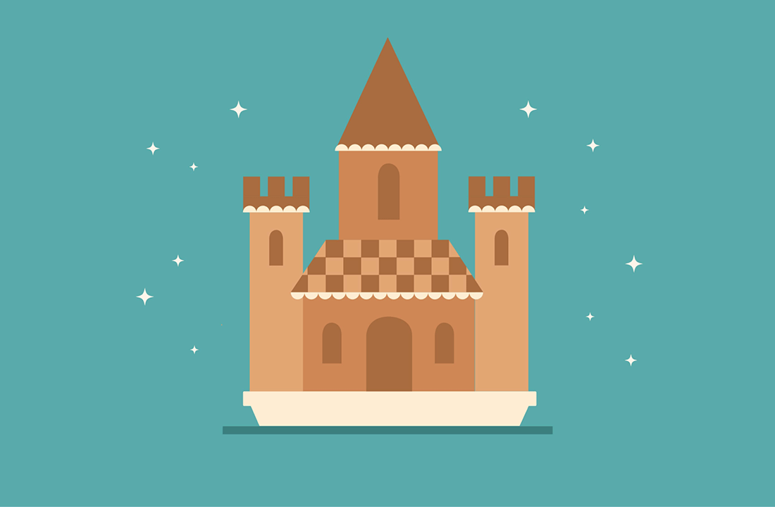 Illustration of a simple, stylized sandcastle with a central tower and two smaller side towers, set against a teal background with small white stars.