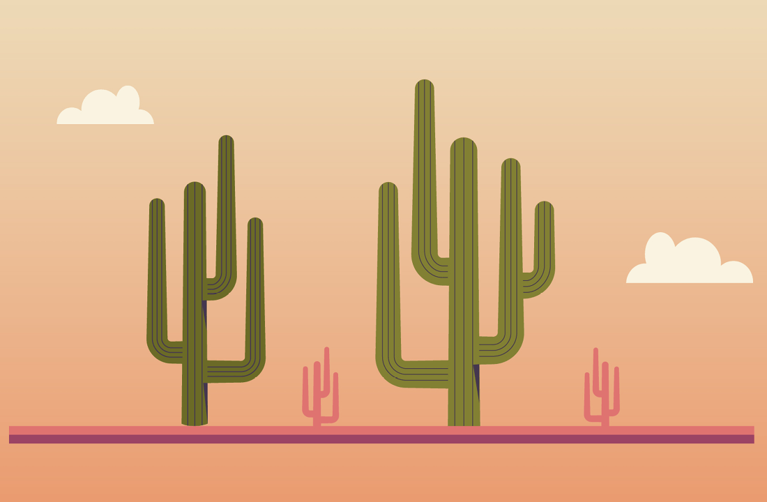 Illustration of several saguaro cacti of different sizes on a flat landscape with a soft orange background and small white clouds.